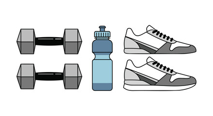 Pair of dumbbells water bottle and two athletic shoes arranged on a white background for fitness and exercise concepts
