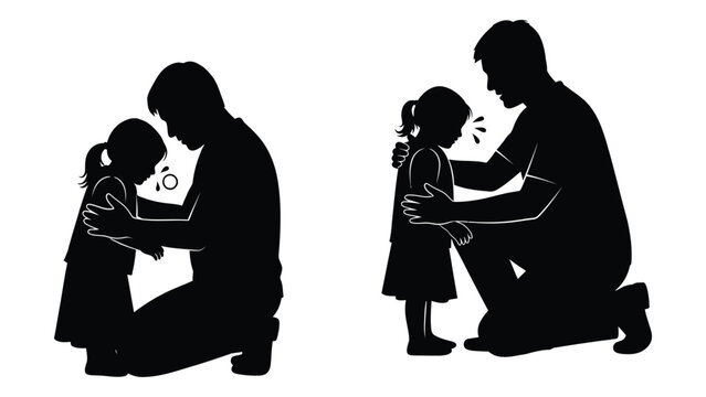 Father comforting crying daughter silhouette isolated on white background, Vector