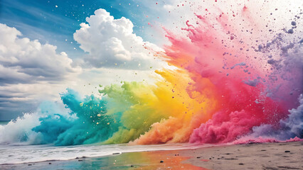 Rainbow color powder explosion on beach wave