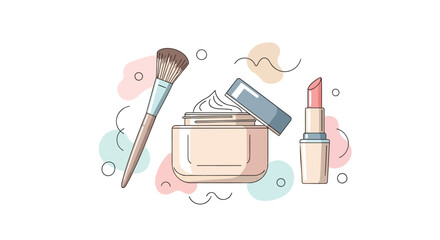 Minimalist flat illustration of makeup products including a cream jar lipstick and brush with abstract shapes and circles