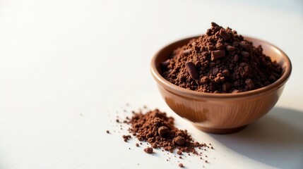 A wooden bowl filled with rich, dark cocoa powder, a sprinkle of powder spills onto a pristine white surface, capturing the essence of pure chocolate delight