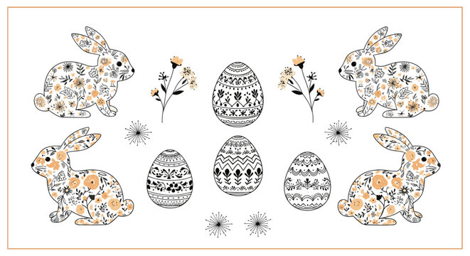 Decorative Easter rabbits and patterned eggs with delicate floral elements on a white background for spring designs.