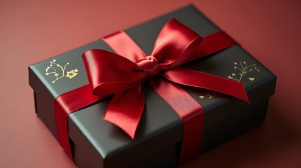 Obraz premium Elegant Gift Box with Red Satin Ribbon and Gold Accents