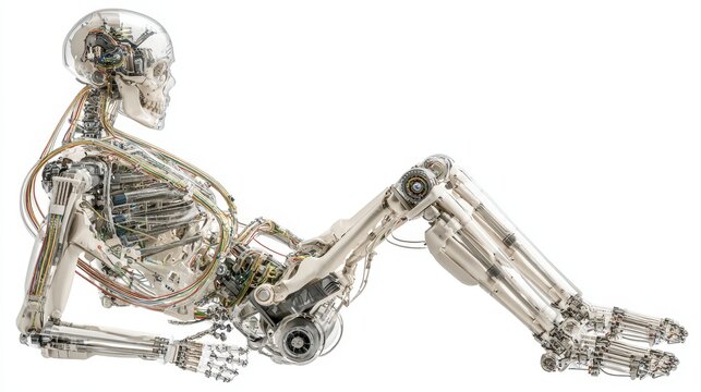 Robotic skeleton anatomy with articulated actuators and detailed mechanical components in reclining pose, showcasing advanced engineering and transparent design
