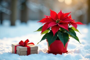 A festive red poinsettia plant in a red pot sits on a snowy surface next to a wrapped gift, bathed in soft winter sunlight.