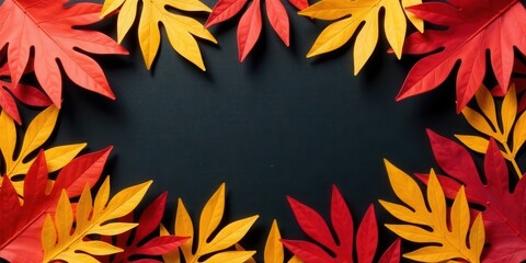 Autumnal foliage frame with vibrant red and gold leaves on a dark background, ideal for seasonal designs and celebratory announcements