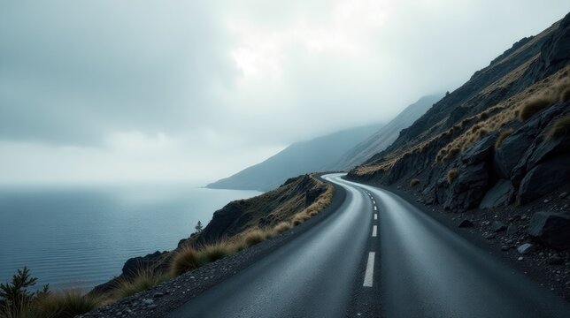 Serene coastal highway winding along a dramatic, mountainous shoreline under a misty sky, offering a sense of adventure and tranquil escape