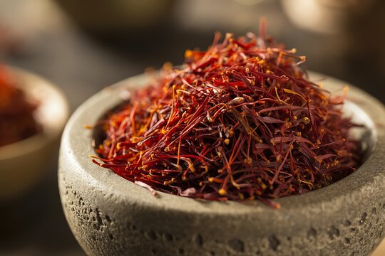 Pile of saffron threads in a stone bowl with shallow depth of field