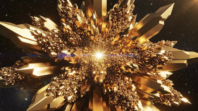 Slow motion shot of a complex gold geometric structure blooming and expanding outward from a central luminous point into infinite space expanding, high, exponential