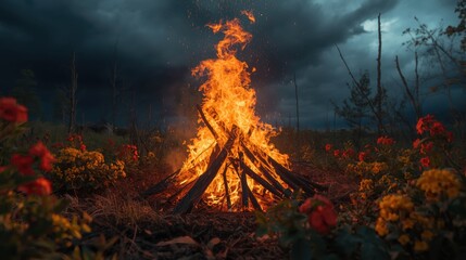 Vibrant campfire burning brightly in a dark forest at night