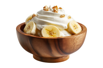 Banana pudding dessert with whipped cream in wooden bowl, isolated on white transparent background, concept of Papua New Guinea sweet treat