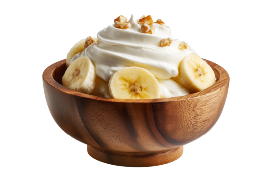 Banana pudding dessert with whipped cream in wooden bowl, isolated on white transparent background, concept of Papua New Guinea sweet treat