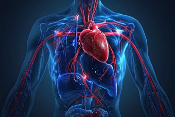 Realistic 3D render of human heart and cardiovascular system with vivid details.