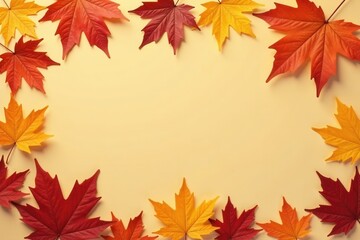 Autumnal foliage arrangement featuring vibrant red and golden maple leaves forming a border on a pale yellow background, perfect for seasonal greetings or design projects.