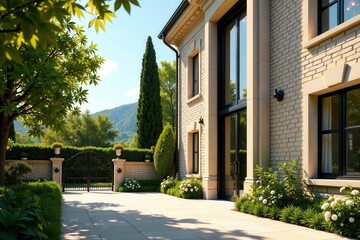 Elegant Estate Home with Expansive Windows and Landscaped Courtyard