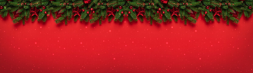 Christmas tree garland with red glitter decorations on red background. Merry Christmas and Happy New Year greeting card. Xmas and Winter holidays. Christmas wide banner, top view