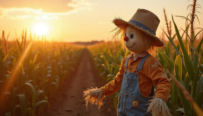Scarecrow standing in cornfield during sunset with golden light