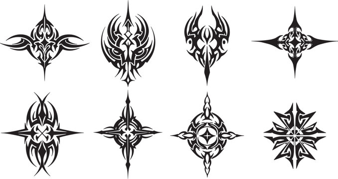 Intricate collection of diverse tribal art illustrations featuring bold lines and symmetric patterns, ideal for unique graphic design and decorative applications