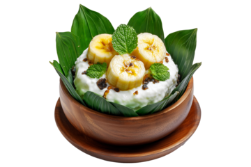 Banana pudding dessert with whipped cream in wooden bowl, styled with green leaves, isolated on white transparent background, concept of Papua New Guinea sweet treat