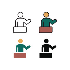 A clean public speaking and presentation icon set featuring line, color line, flat, and solid styles. Ideal for communication, leadership, seminars, training, business talks, and educational projects.