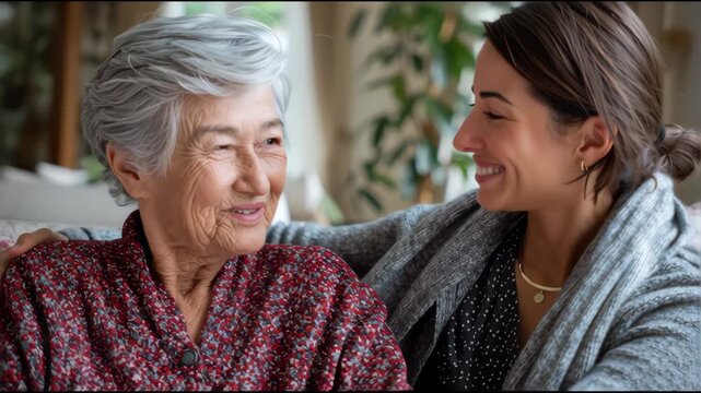 Young woman embracing smiling elderly woman in cozy home setting