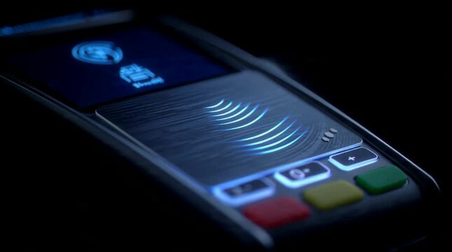 Blue lit contactless payment terminal series illustrating secure transactions