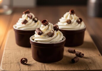 Three decadent chocolate mousse desserts with whipped cream and dark chocolate shavings on a wooden board.