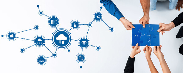 Illustrate the synergy of technology and teamwork with hands holding puzzle pieces and cloud icons, representing collaboration and the interconnected world of computing. Amity