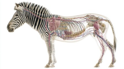 Naklejka premium Zebra anatomy showing internal organ placement and vascular system with transparent body revealing muscles, bones, and circulatory structure in detailed side view