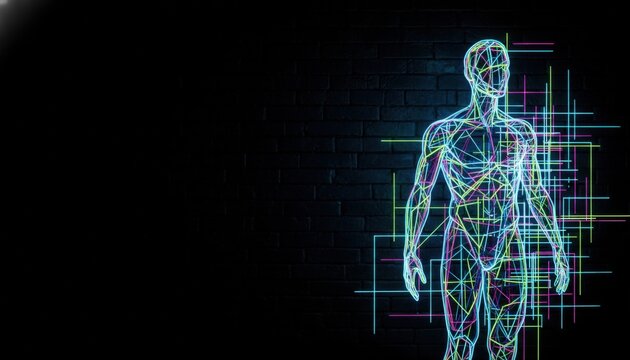 Glowing neon full body human silhouette with nervous system lines on a dark brick wall. 3D illustration representing anatomy, biology, cyborgs or medical science.
