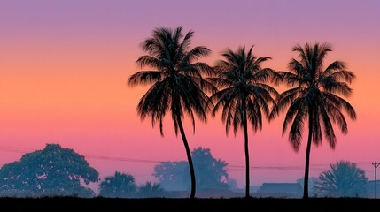 Obraz premium Three palm trees silhouetted against a vibrant gradient sky at sunset with shades of pink orange and purple.