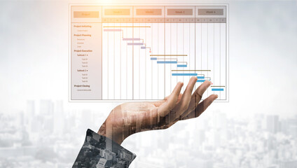 Conceptual image depicting a hand holding a Gantt chart against a city skyline. This visuals represents effective project management, planning, and execution in business. Tessel