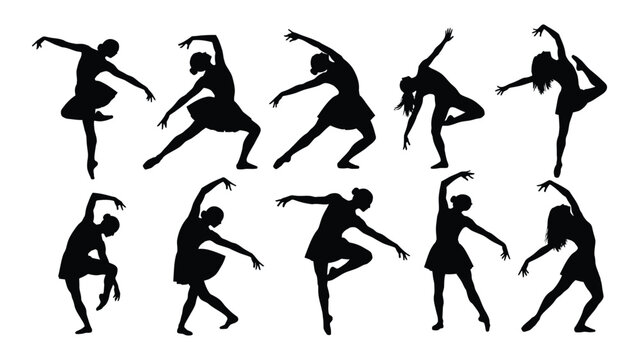 Collection of female dancer silhouettes isolated on white background, Vector