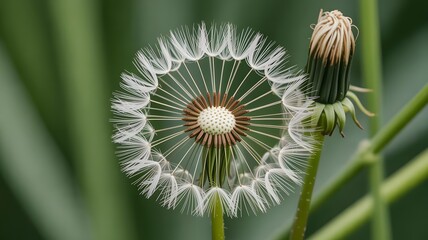 Close up of a dandelion seed head with a bud against a blurred green backdrop