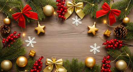 Festive Christmas decorations arranged on a wooden surface, featuring ornaments, bows, and greenery.
