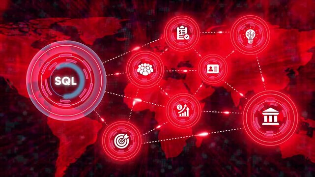 SQL structure query language network connection interface with world map background