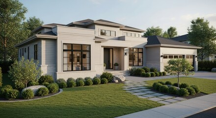 Obraz premium Modern luxury home with grey exterior, large windows, and manicured landscaping