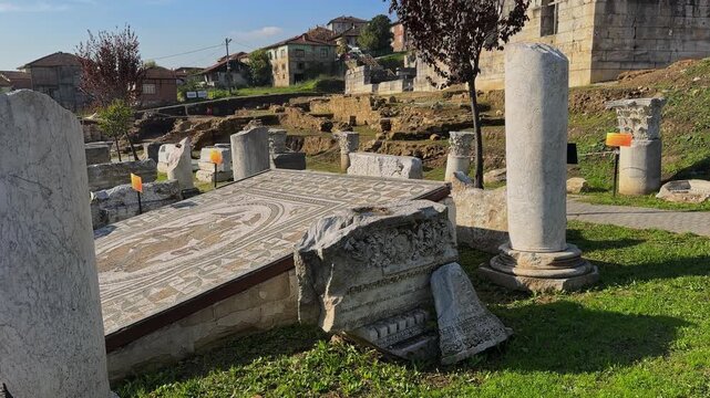 4K video of the well-preserved Roman floor mosaic depicting Orpheus playing the lyre. Located in the Prusias ad Hypium ancient city in Duzce, Turkey.