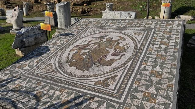 4K video of the well-preserved Roman floor mosaic depicting Orpheus playing the lyre. Located in the Prusias ad Hypium ancient city in Duzce, Turkey.