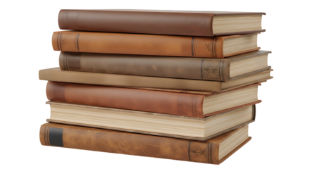 A stack of classic hardcover books with brown leather spines, a collection for study or literature, isolated on transparent background