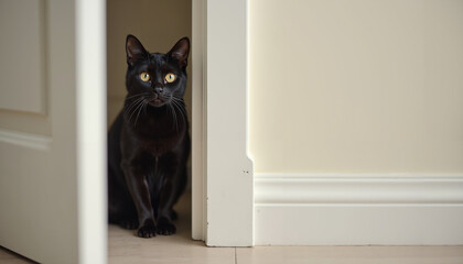 Black cat sitting quietly near open door in home interior  