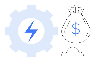 Gear with blue lightning bolt beside money bag with dollar sign and abstract cloud outline. Ideal for energy management, cost-efficiency, savings, innovation, financial growth, sustainable energy