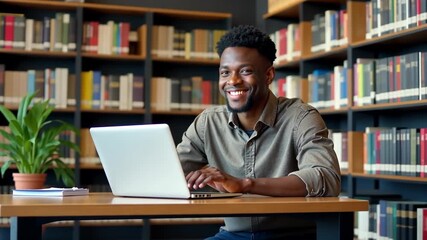 E-learning concept, young African American guy in casual outfit student with computer laptop taking notes, attending webinar, have online lesson, zoom out, looking at camera - Powered by Adobe