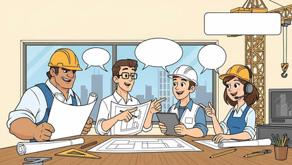 Cartoon illustration of a construction crew including architects and engineers having a project planning meeting with blueprints