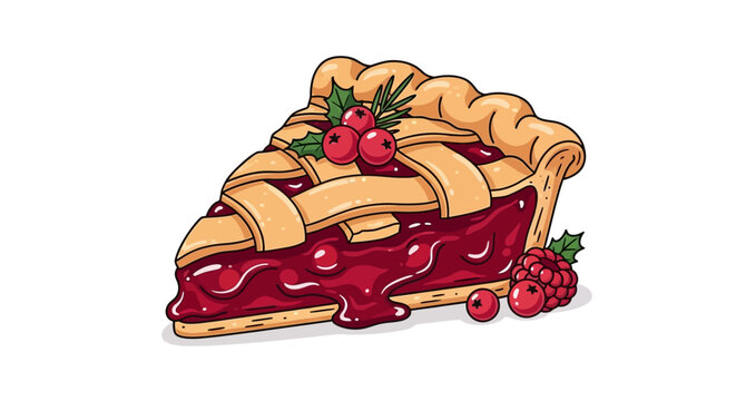 A delicious slice of berry pie with a lattice crust, topped with fresh red currants and raspberries, oozing with sweet fruit filling.