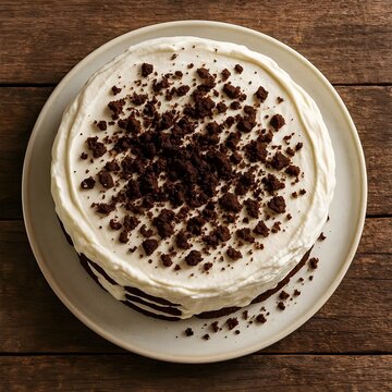 Decadent Dark Chocolate Cake Topped with Fluffy White Frosting and Crumbled Cookie Pieces