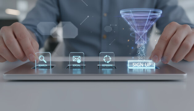 Digital marketing recruitment and business management fit market needs with innovative sign up and referral funnel technology - Powered by Adobe