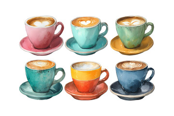 Collection of six colorful watercolor coffee cups with latte art and saucers arranged in two rows on a white background.
