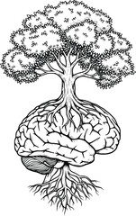 Brain rooted tree illustration symbolizing growth knowledge and the power of mind