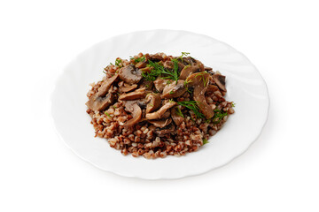 Savory buckwheat dish with mushrooms and herbs served on a white plate